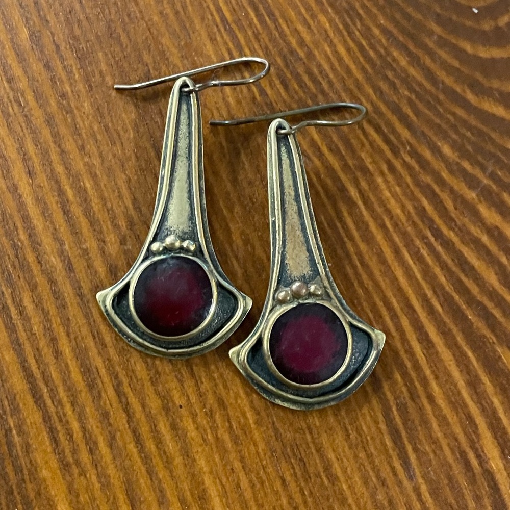 Elegant Brass Metal with Red Stone Dangle Earrings by “Lotus”